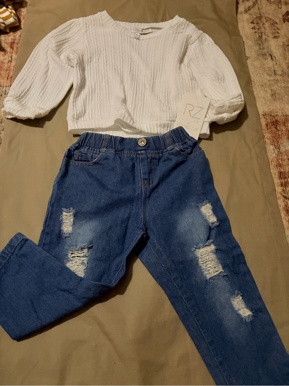Rachel Zoe White Ribbed Long-Sleeve Top with Blue Distressed Jeans